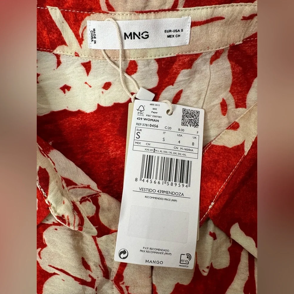 Mango Floral Shirt Dress Women’s Size Small Red Beige Bow Button Up Collared New